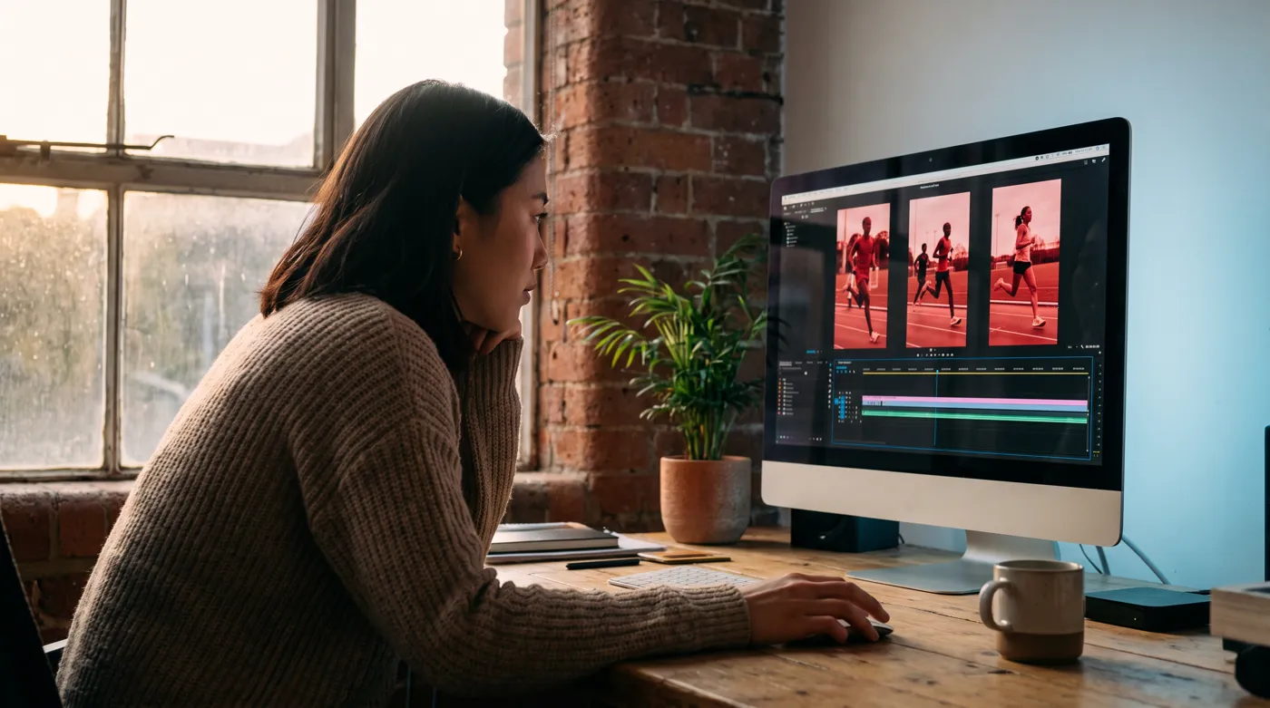 Editor cutting vertical sports ads on a studio monitor